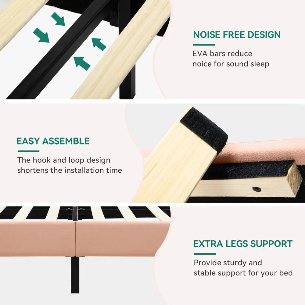 LED Light Upholstered Bed Frame With Adjustable PU Leather Headboard