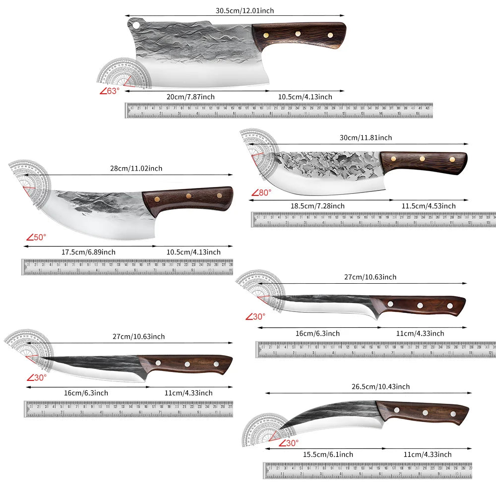 7pcs Kitchen Knife Set with Roll Bag Hand Forged Boning Knife for Meat Cleaver Cutting & Viking Knives with Ergonomic Handle