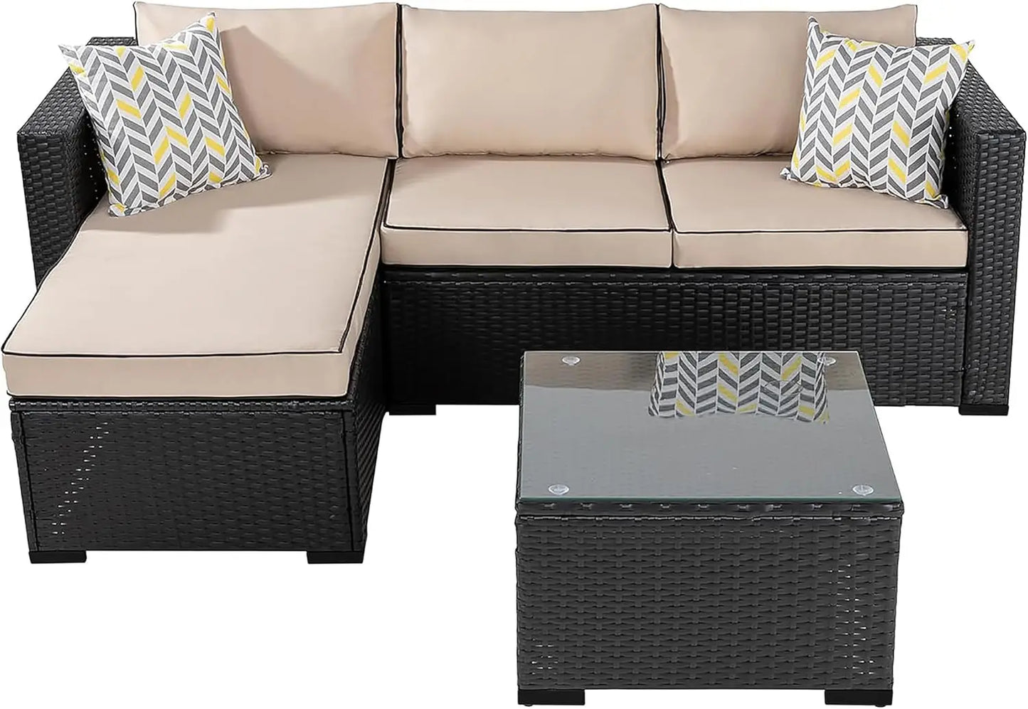 3-Piece Outdoor Sectional Furniture Set, All-Weather Rattan Couch with Washable Cushions and Glass Coffee Table