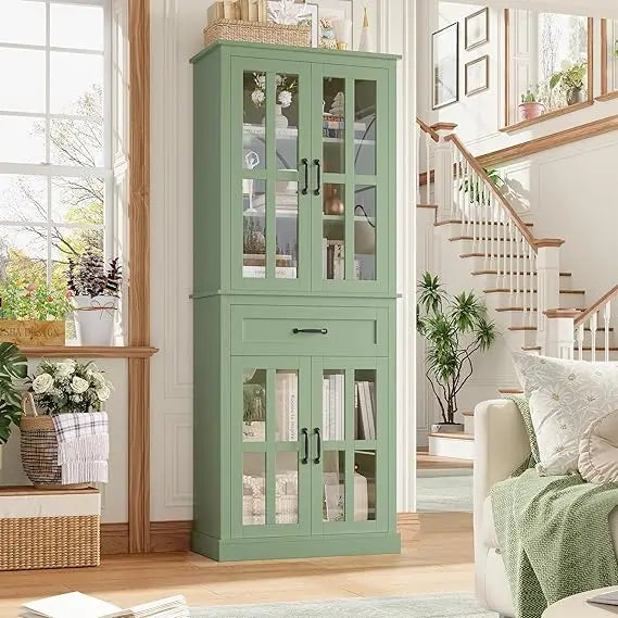 Freestanding Kitchen Pantry Cabinet With Glass Doors And Drawer