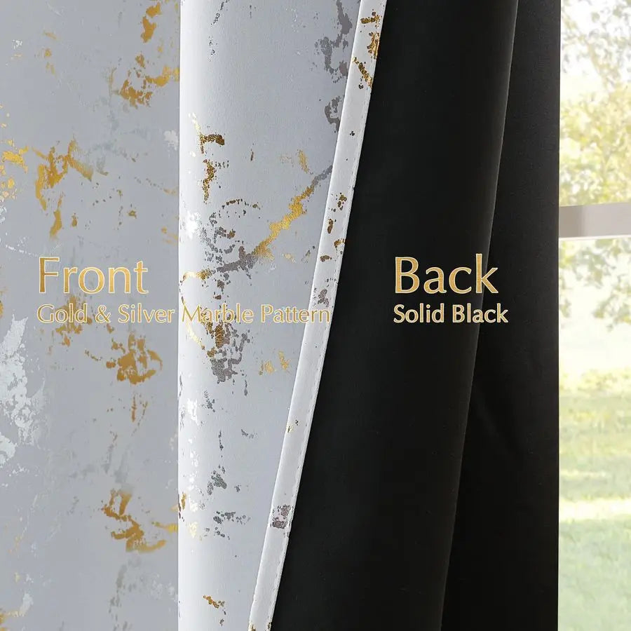 100 Blackout Gold Silver Foil Marble Print White Base Curtains for Living Room Bedroom 84 Inches Long Modern Room Darkening Soun