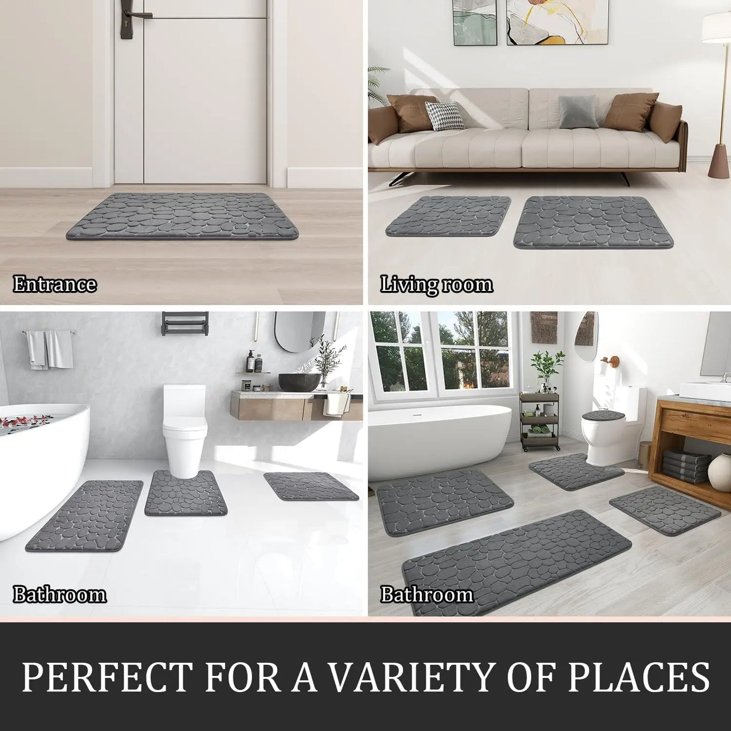 5-Piece Dark Grey Memory Foam Bathroom Rug Set, Non-Slip Water Absorbent Washable Mats for Sink, Toilet & Floor