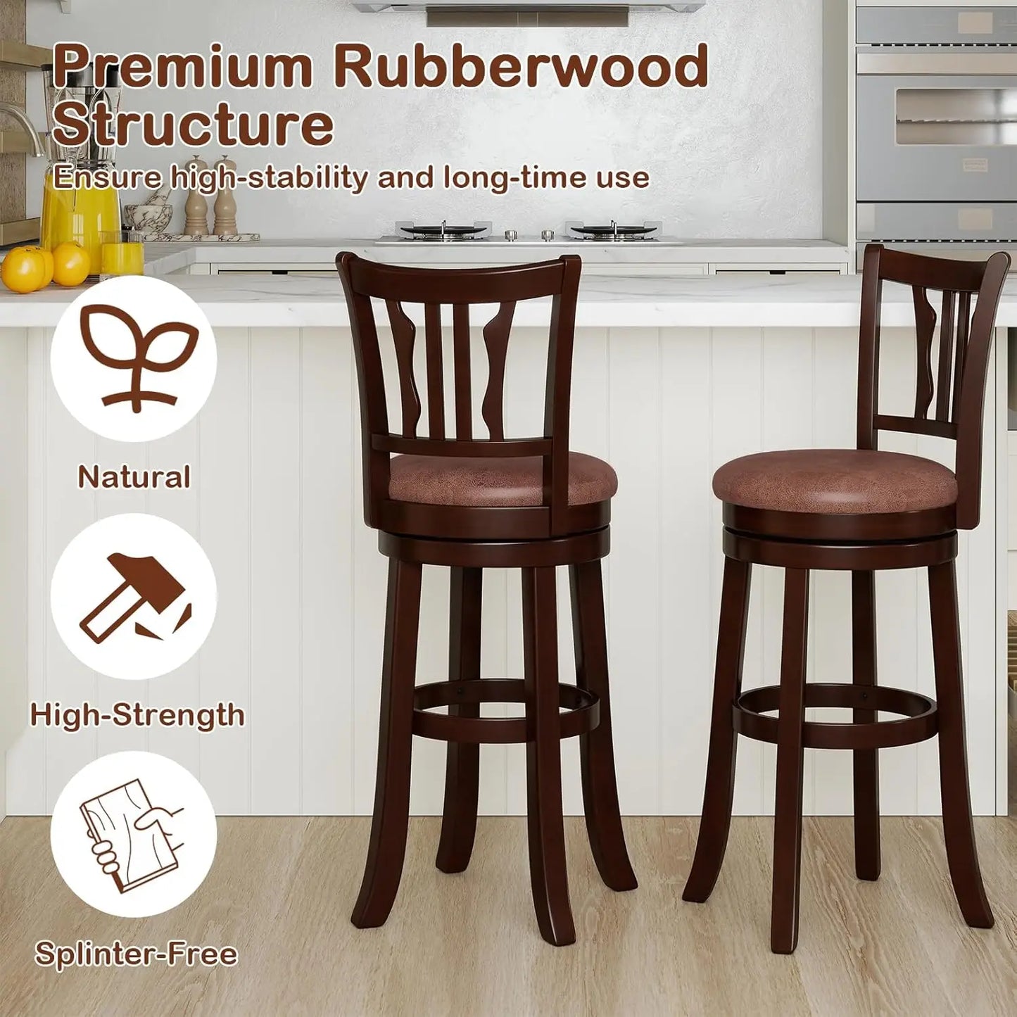 Rubberwood Swivel Bar Stools With Backrest And Faux Leather Seats