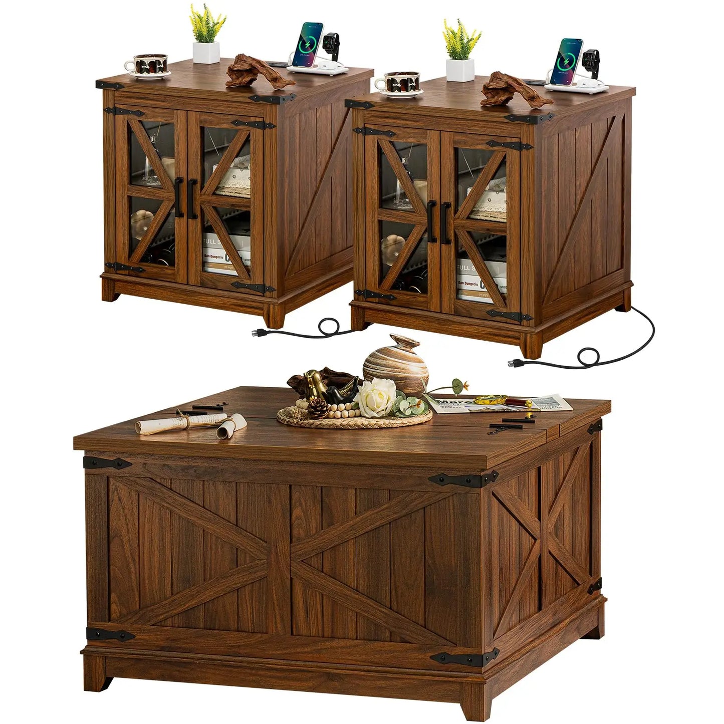 Farmhouse 3 Piece Coffee Table Set With Charging Station