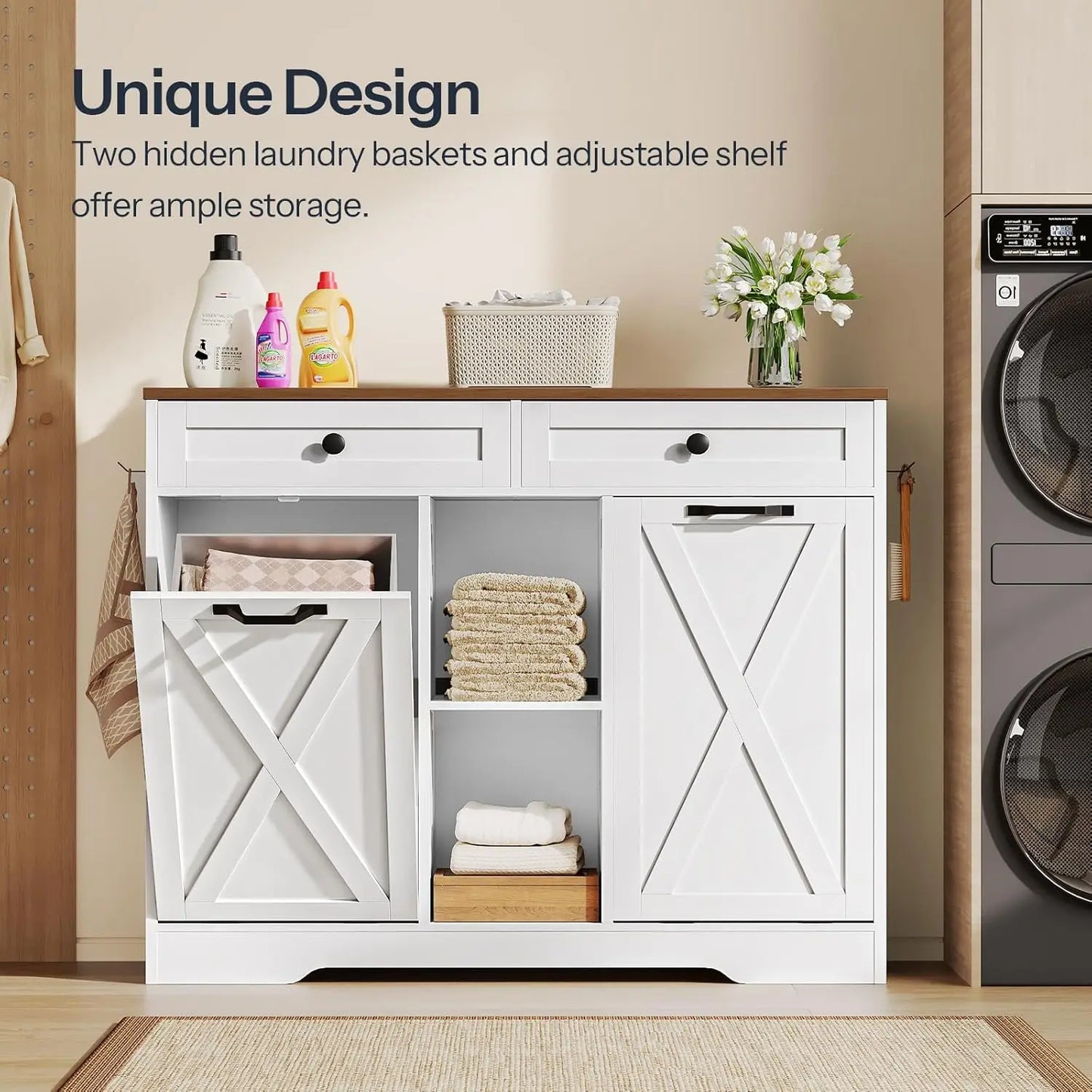 Double Tilt Out Laundry Hamper Cabinet, 23 Gallon Farmhouse Trash Can Cabinet with 2 Drawers and Open Shelving, Customized