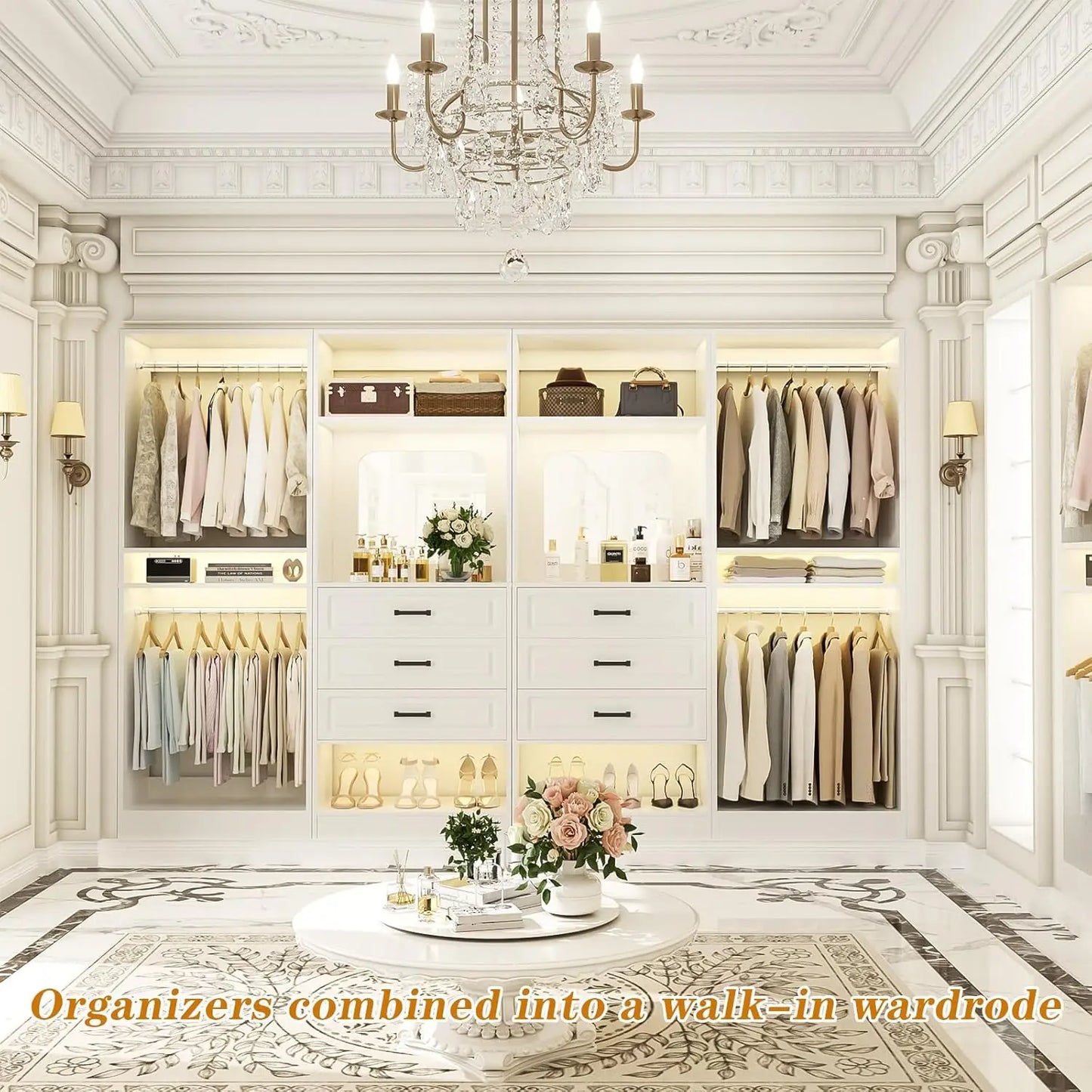100" Wood Closet Organizer System with Drawers Mirror Adjustable Shelves Hanging Rods Freestanding Walk-in Wardrobe, Customized