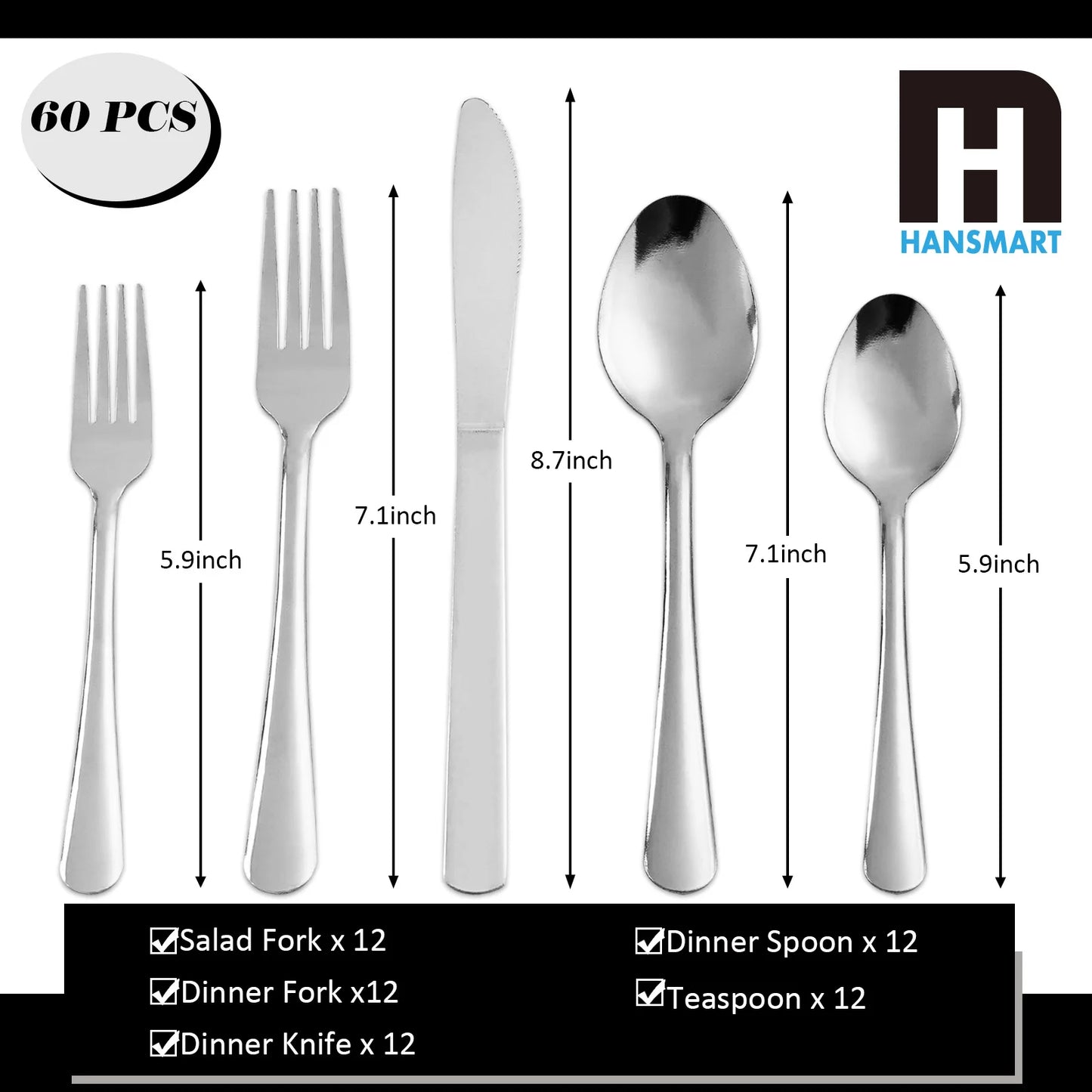 HANSMART 60-Piece Stainless Flatware Set For 12 Dinner Service