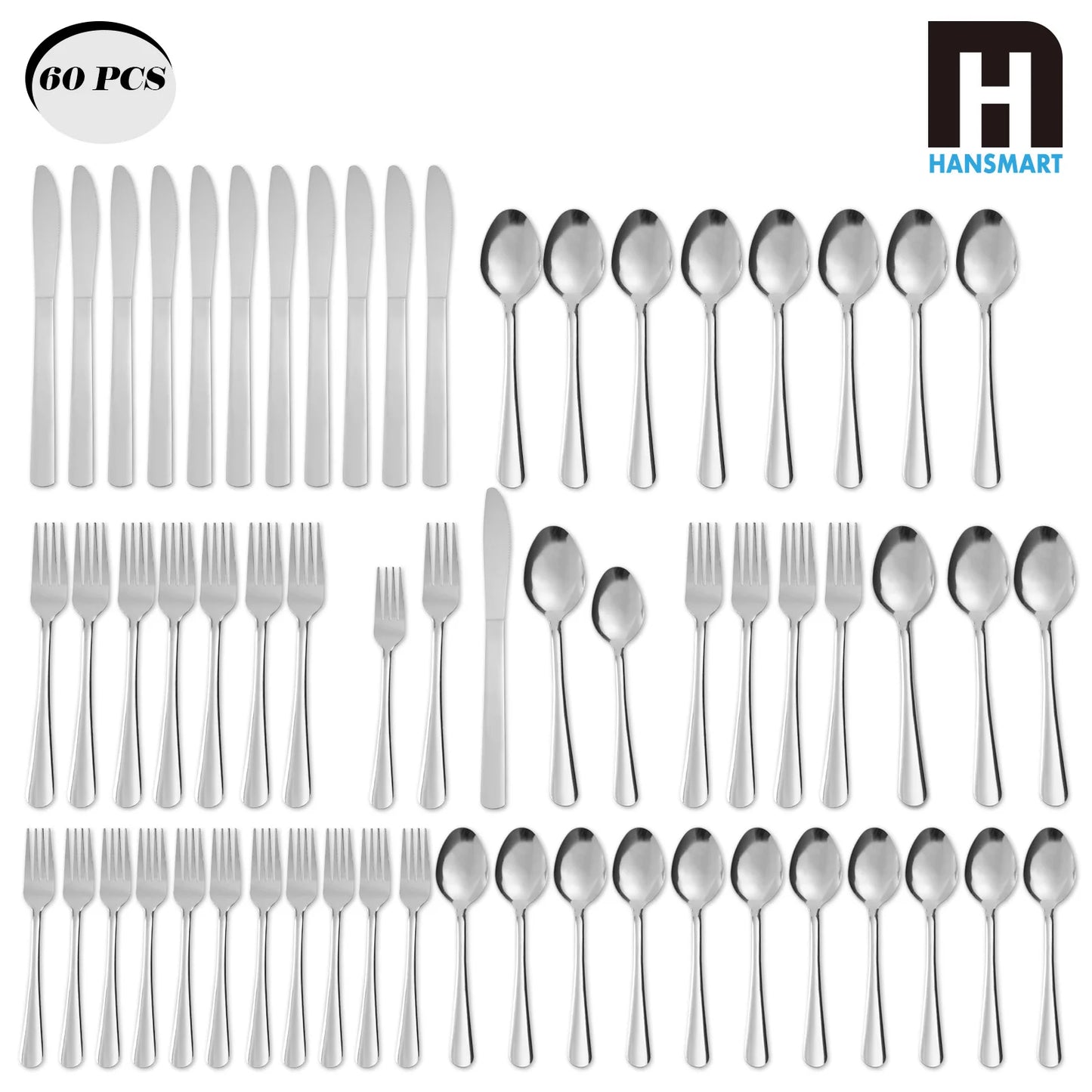 HANSMART 60-Piece Stainless Flatware Set For 12 Dinner Service