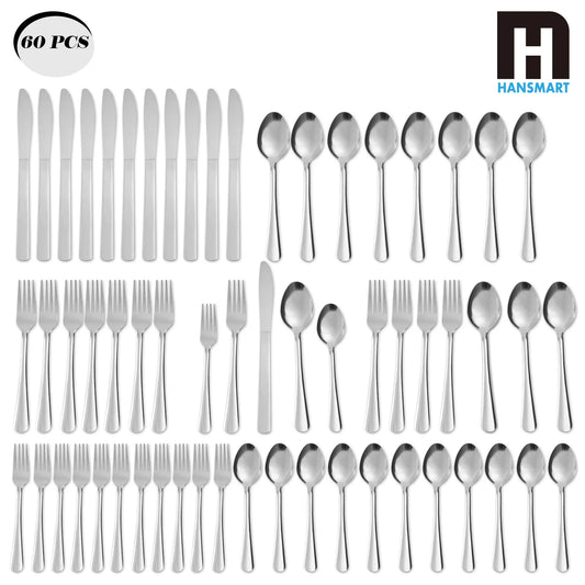 HANSMART 60-Piece Stainless Flatware Set For 12 Dinner Service