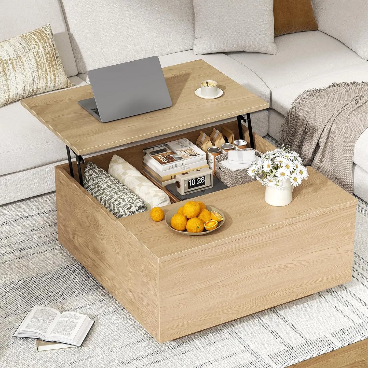 Lift Top Farmhouse Wood Coffee Table With Hidden Storage