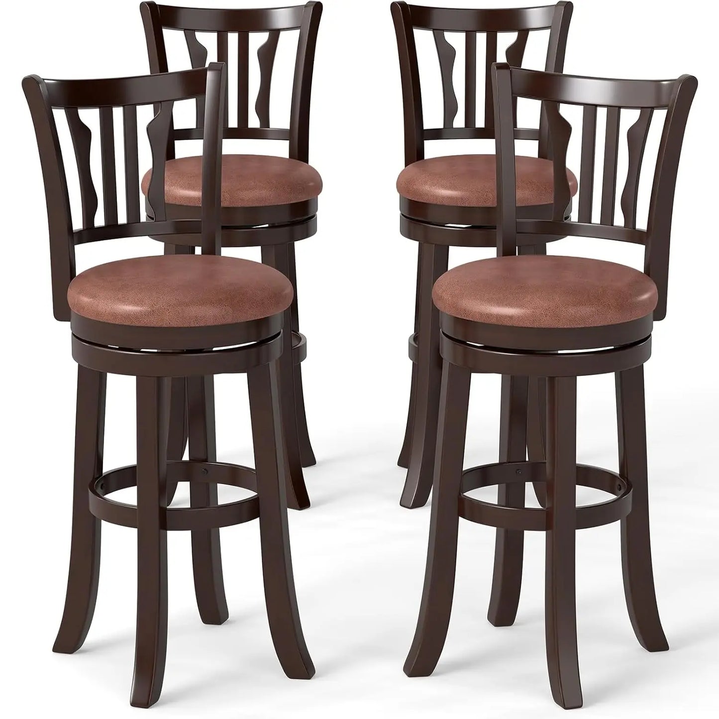 Rubberwood Swivel Bar Stools With Backrest And Faux Leather Seats