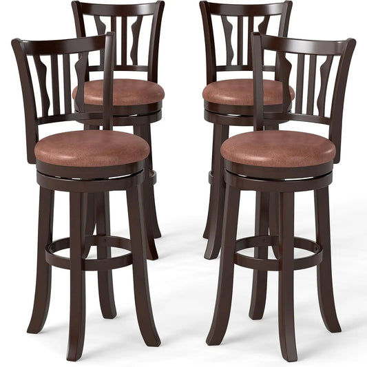 Rubberwood Swivel Bar Stools With Backrest And Faux Leather Seats