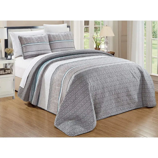 3Piece Fine Printed Oversize 100 X 95 Quilt Set Light Weight Reversible Bedspread Coverlet Queen Size Bed Cover Grey, Teal Blue