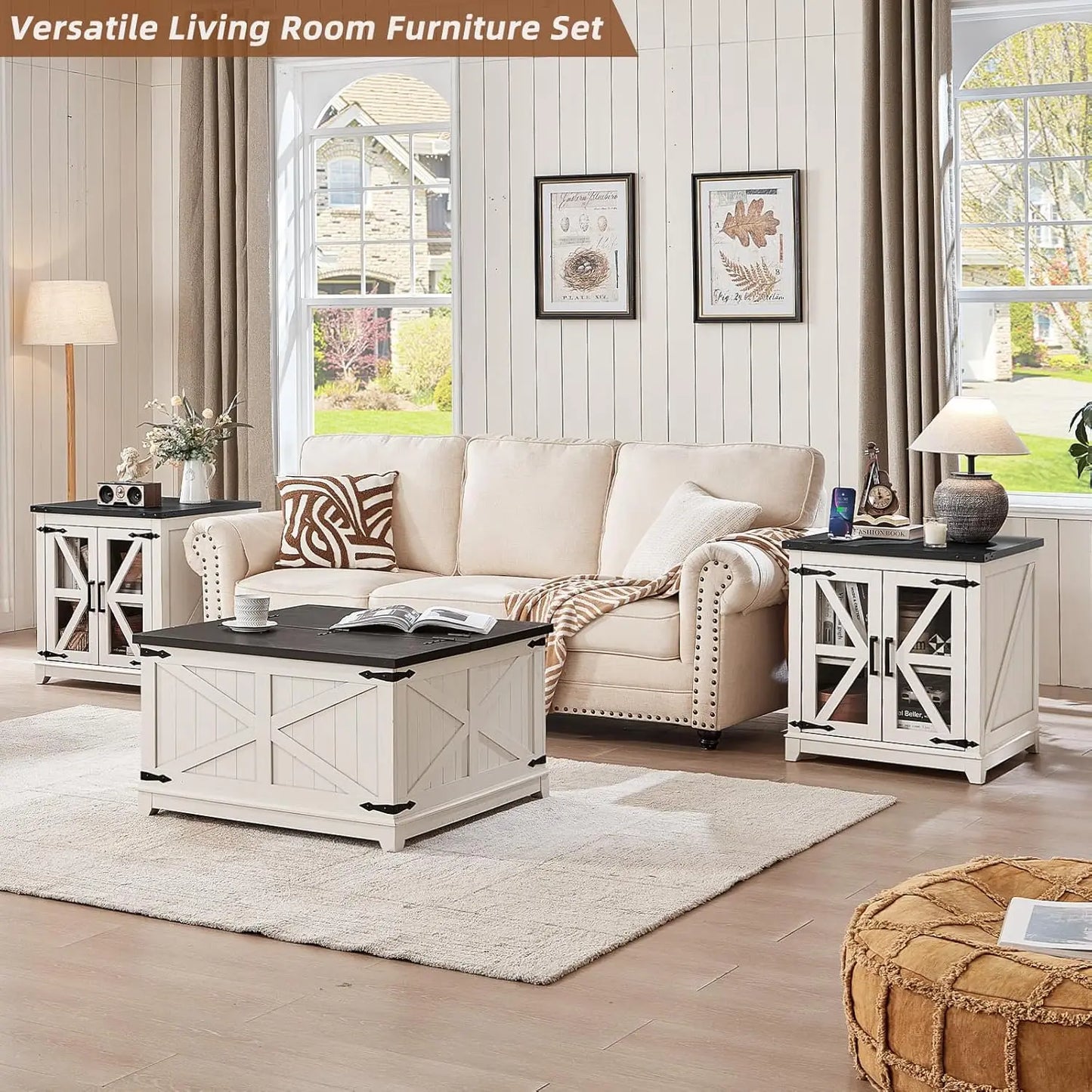 Farmhouse 3 Piece Coffee Table Set With Charging Station