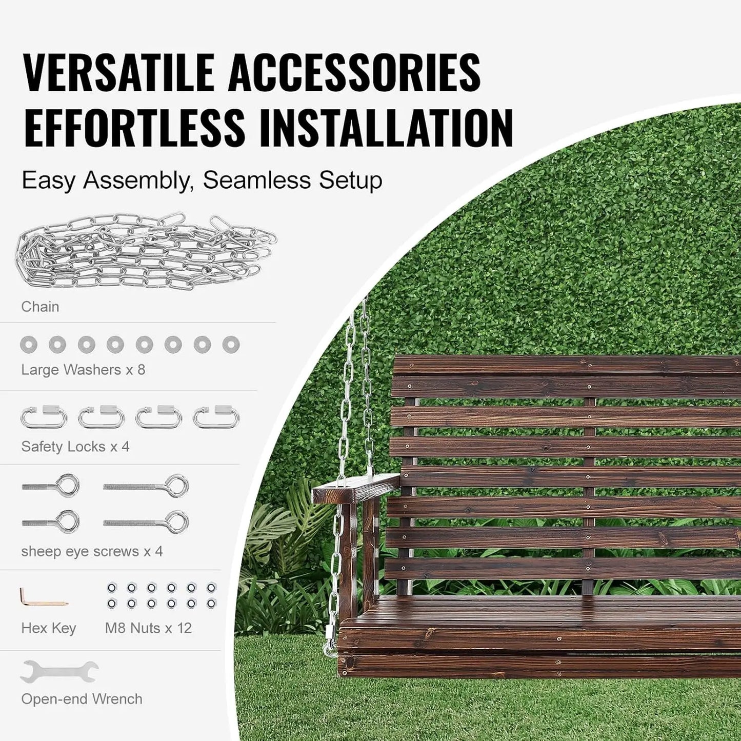 Outdoor Wooden Porch Swing Heavy Duty 880lb Capacity