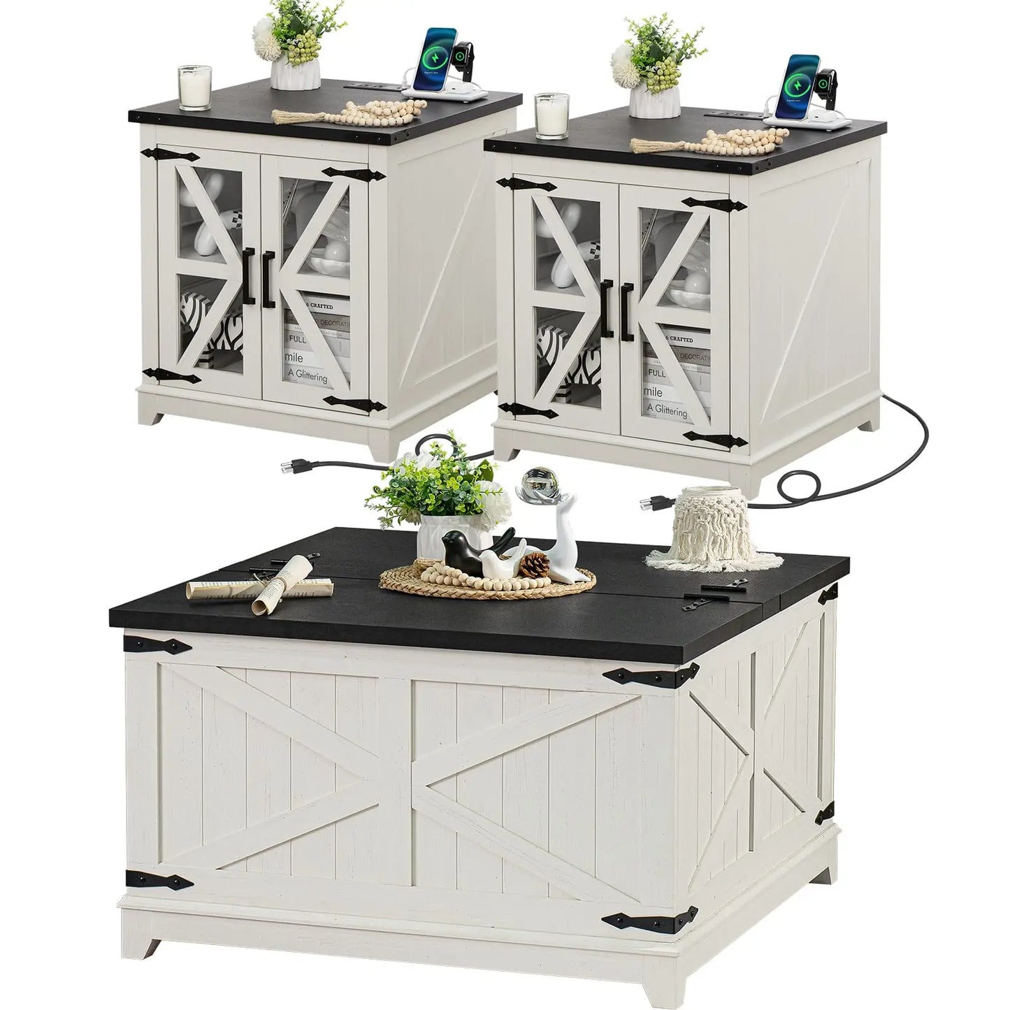 Farmhouse 3 Piece Coffee Table Set With Charging Station