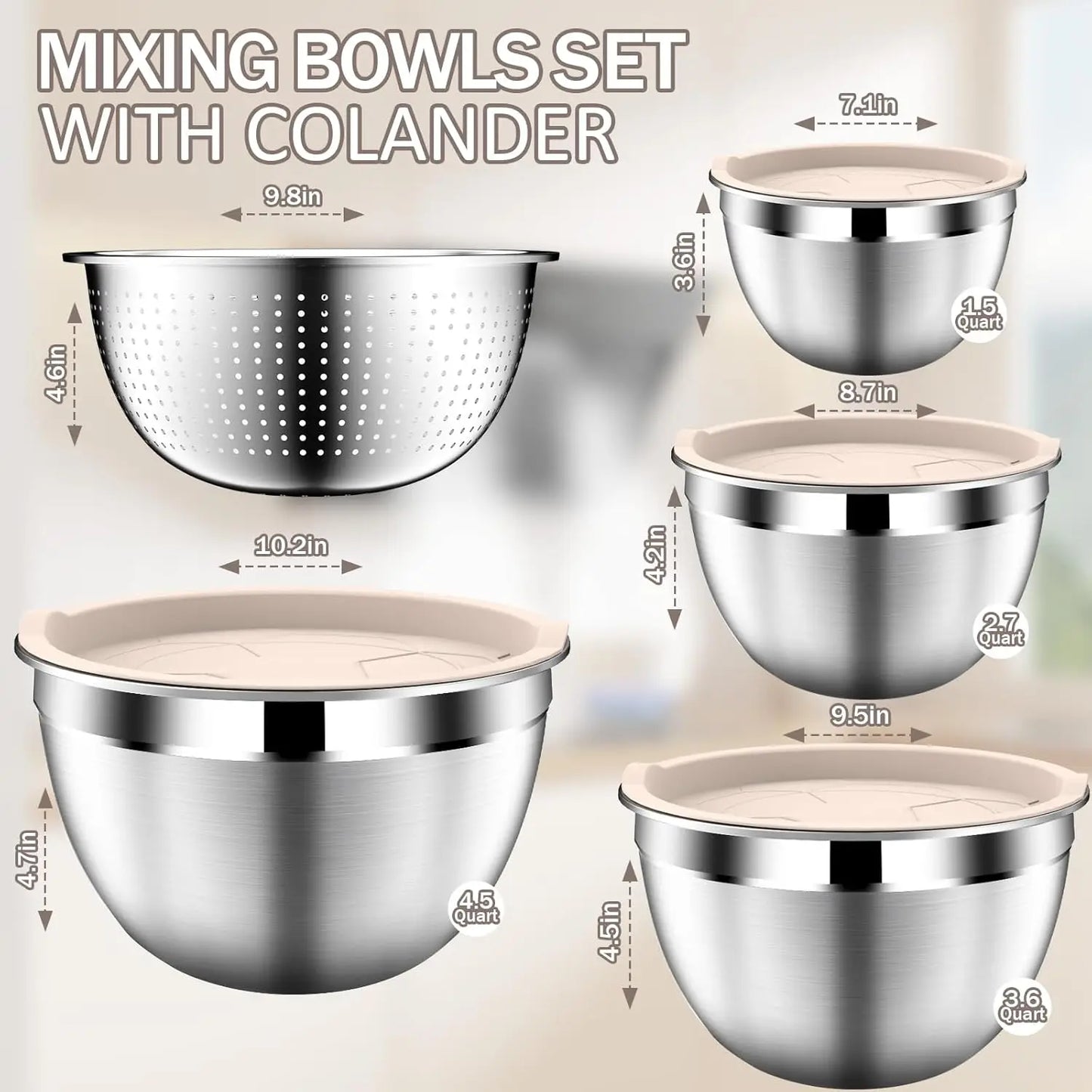 Stainless Steel Mixing Bowls with Lids, Stackable Set Includes Strainer, 5-Piece Beige Kitchenware