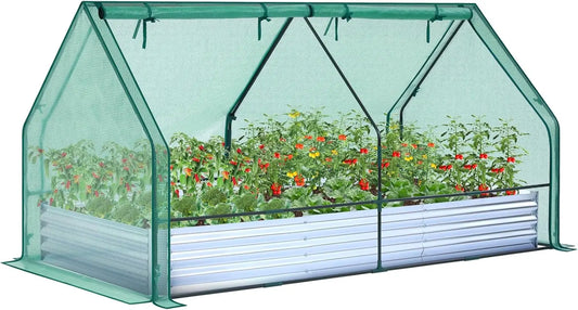 8x4ft Galvanized Raised Garden Bed with Greenhouse Cover, 4 Doors Ventilation, 3-in-1 Planter Box for Vegetables Flowers Herbs