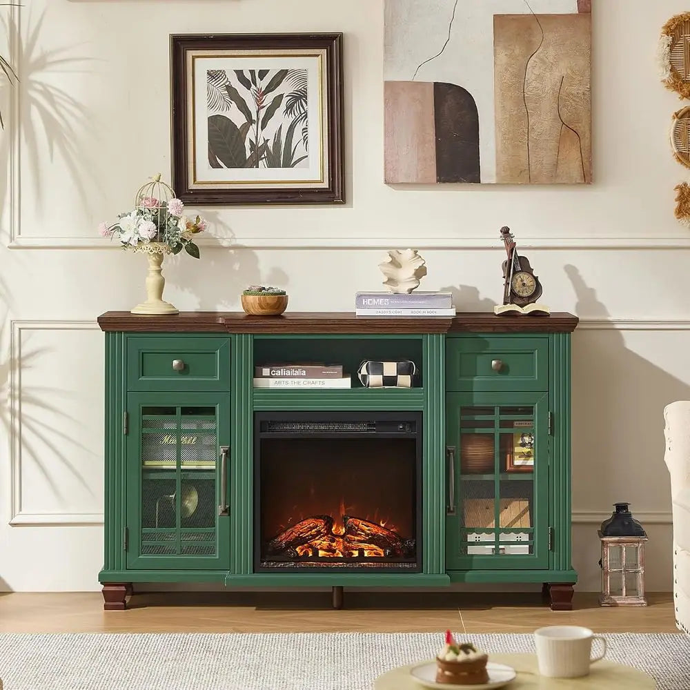 52" Fireplace TV Stand with 18”Silent Electric Fireplace, Farmhouse Entertainment Center for TVs up to 65", 2 Drawers TV Console