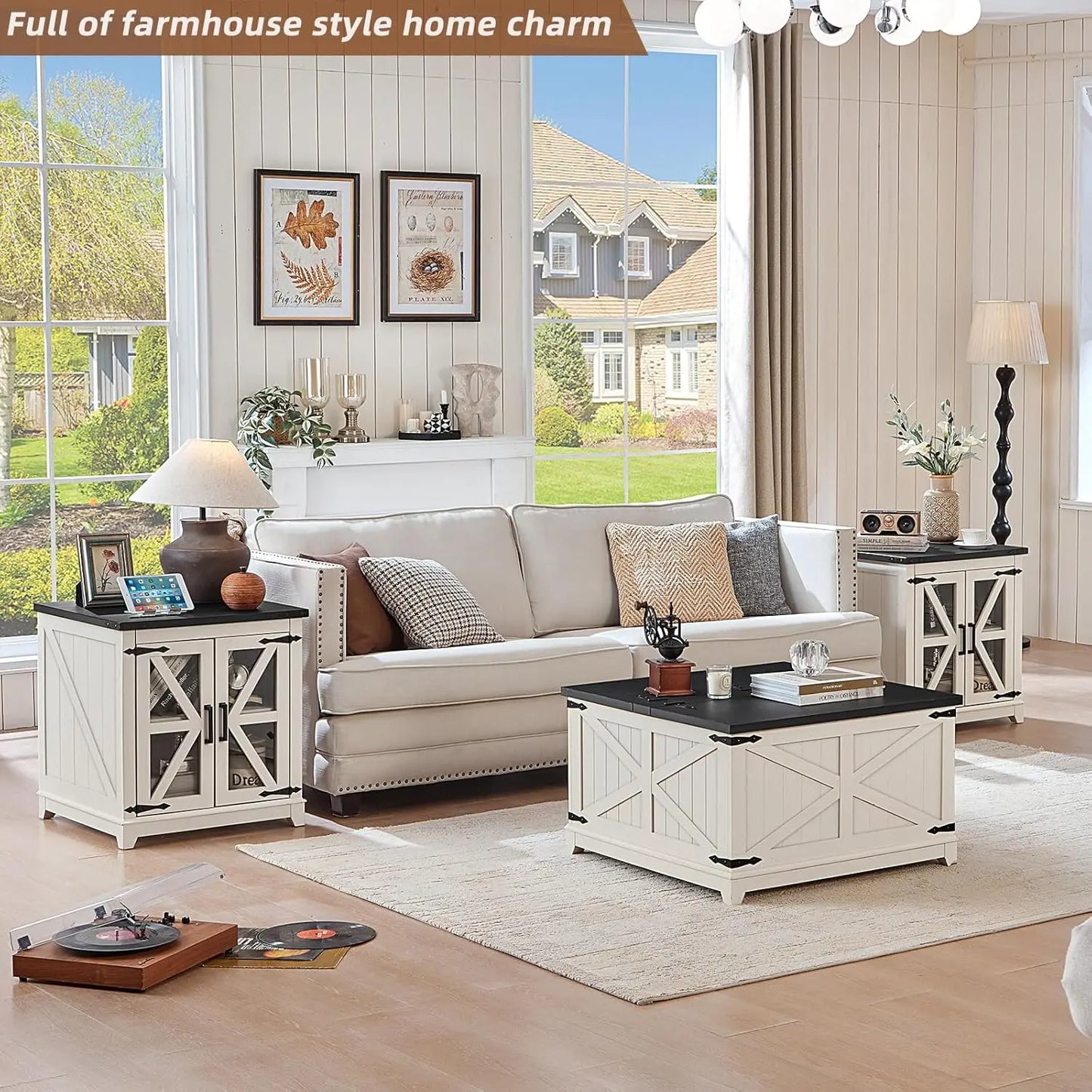 Farmhouse 3 Piece Coffee Table Set With Charging Station