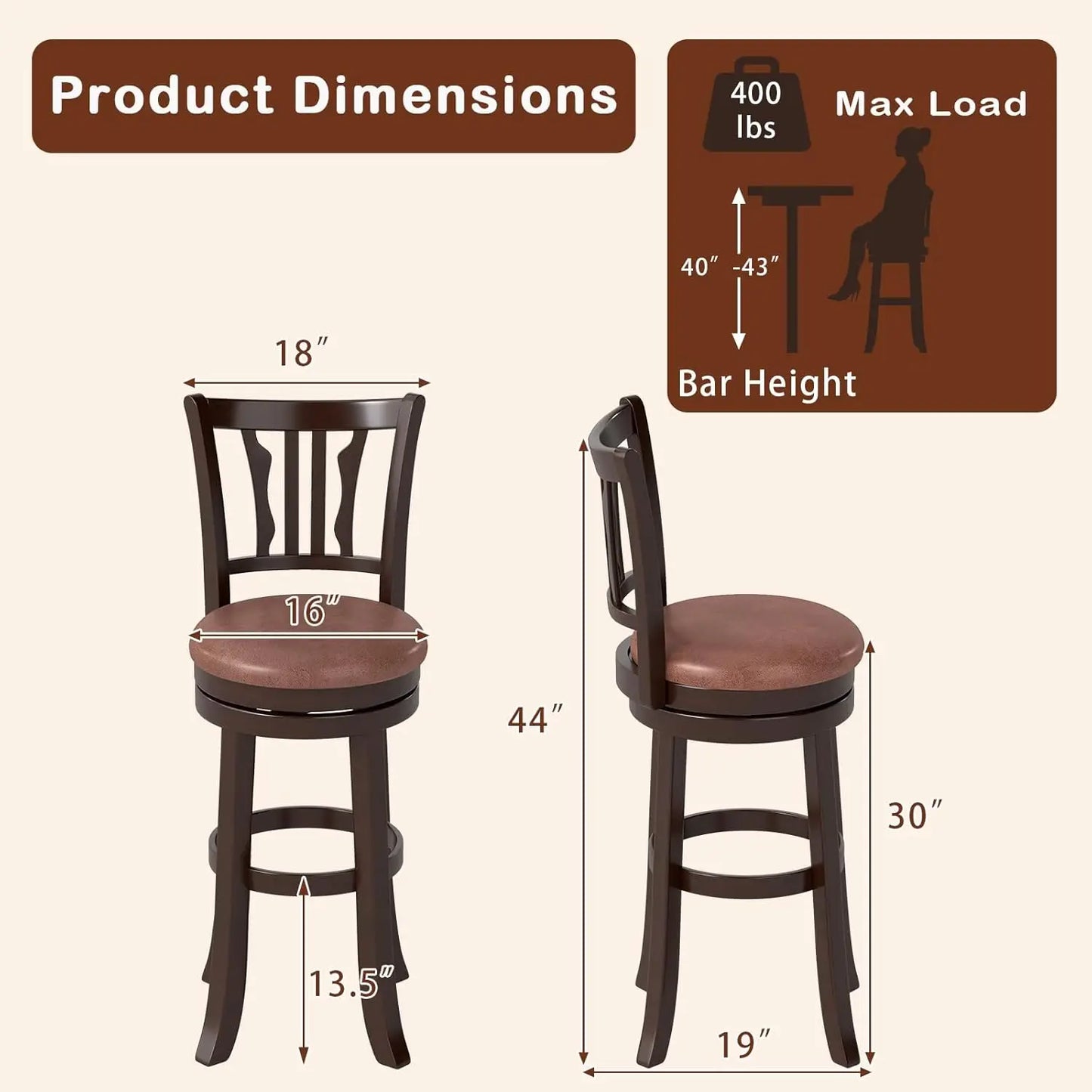 Rubberwood Swivel Bar Stools With Backrest And Faux Leather Seats