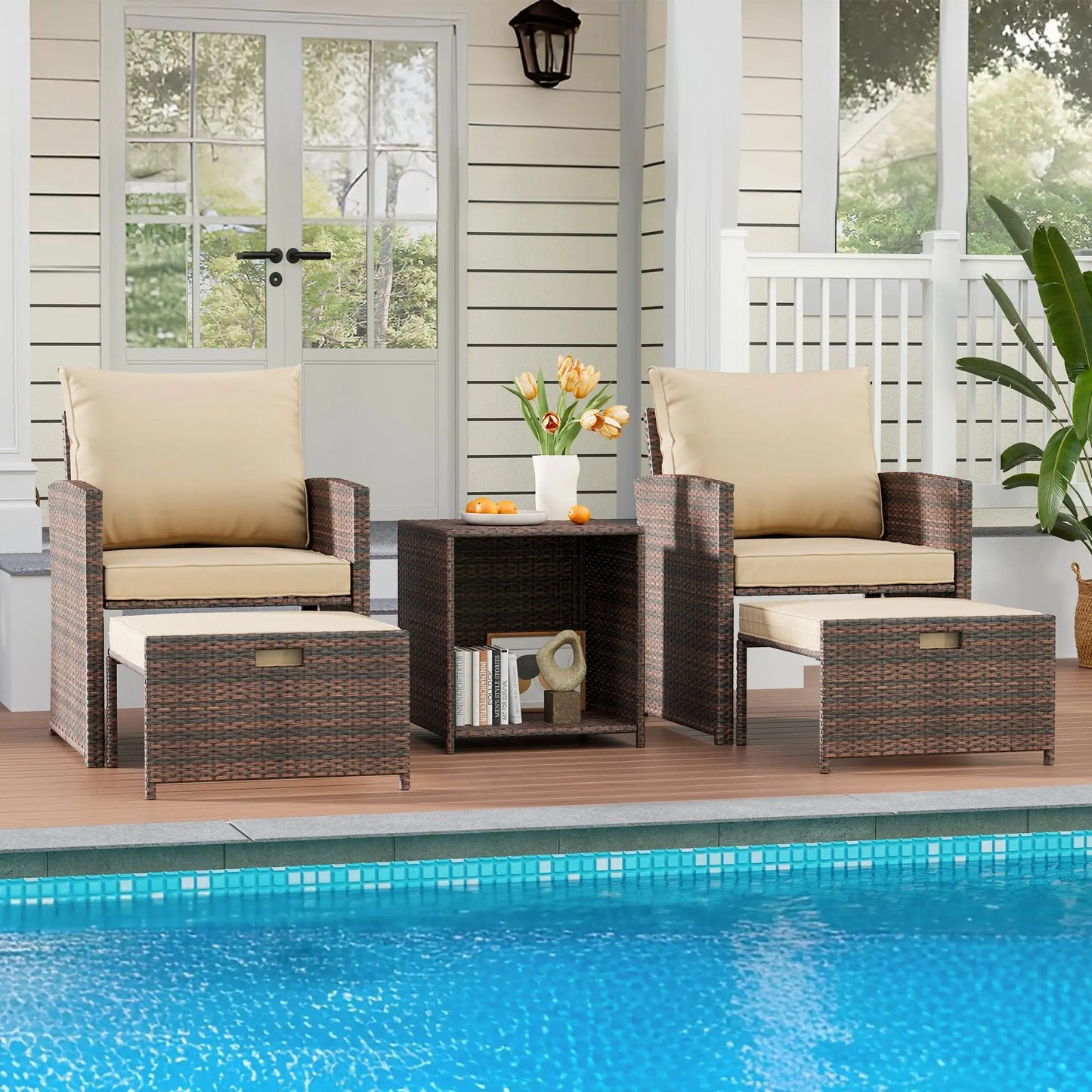 HiMISS All-Weather PE Rattan Patio Set With Two Ottomans