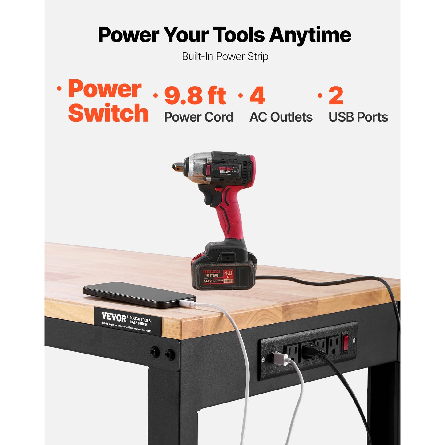 SucceBuy Multi Adjustable Workbench Woodworking Hardwood Work Bench with Power Outlets Foot Pads for Workshop Office Home Use