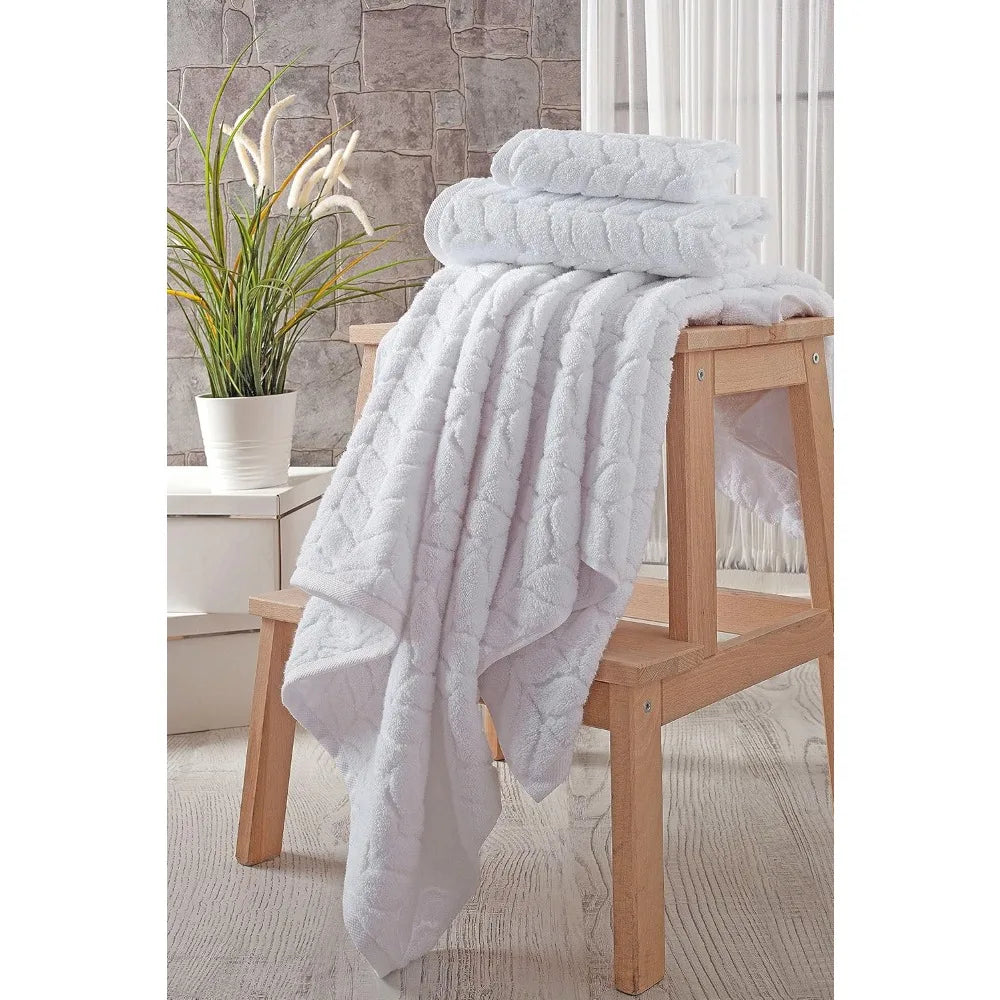Turkish Bath Towels, Soft Plush Jacquard Luxury Bath Towels, Quick Dry Towel Set (White, 6 pcs Towel Set)