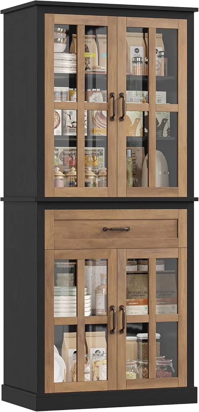 Freestanding Kitchen Pantry Cabinet With Glass Doors And Drawer