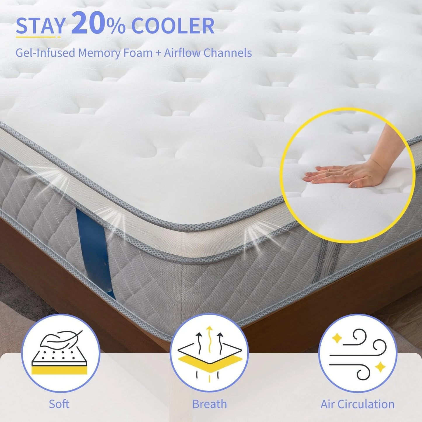 12 Inch Medium Mattress, Hybrid Cooling Gel Memory Memory Foam and Pocket Springs Bed,  Back Support Pressure Relief Breathable