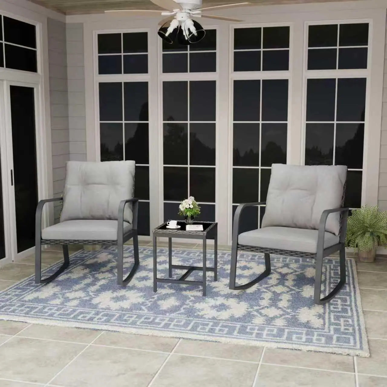 Bistro 3 Piece Patio Furniture Set, Patio Table and Rattan Outdoor Rocking Chairs Set of 2, Outdoor Bistro, Customized
