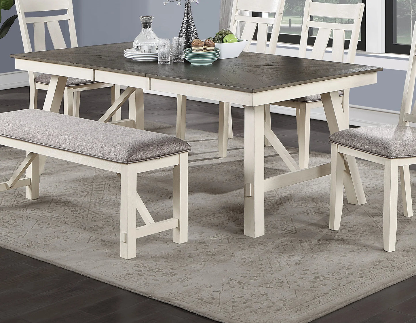 Dining Room Set Six Piece Round Table Leaf Chairs Bench
