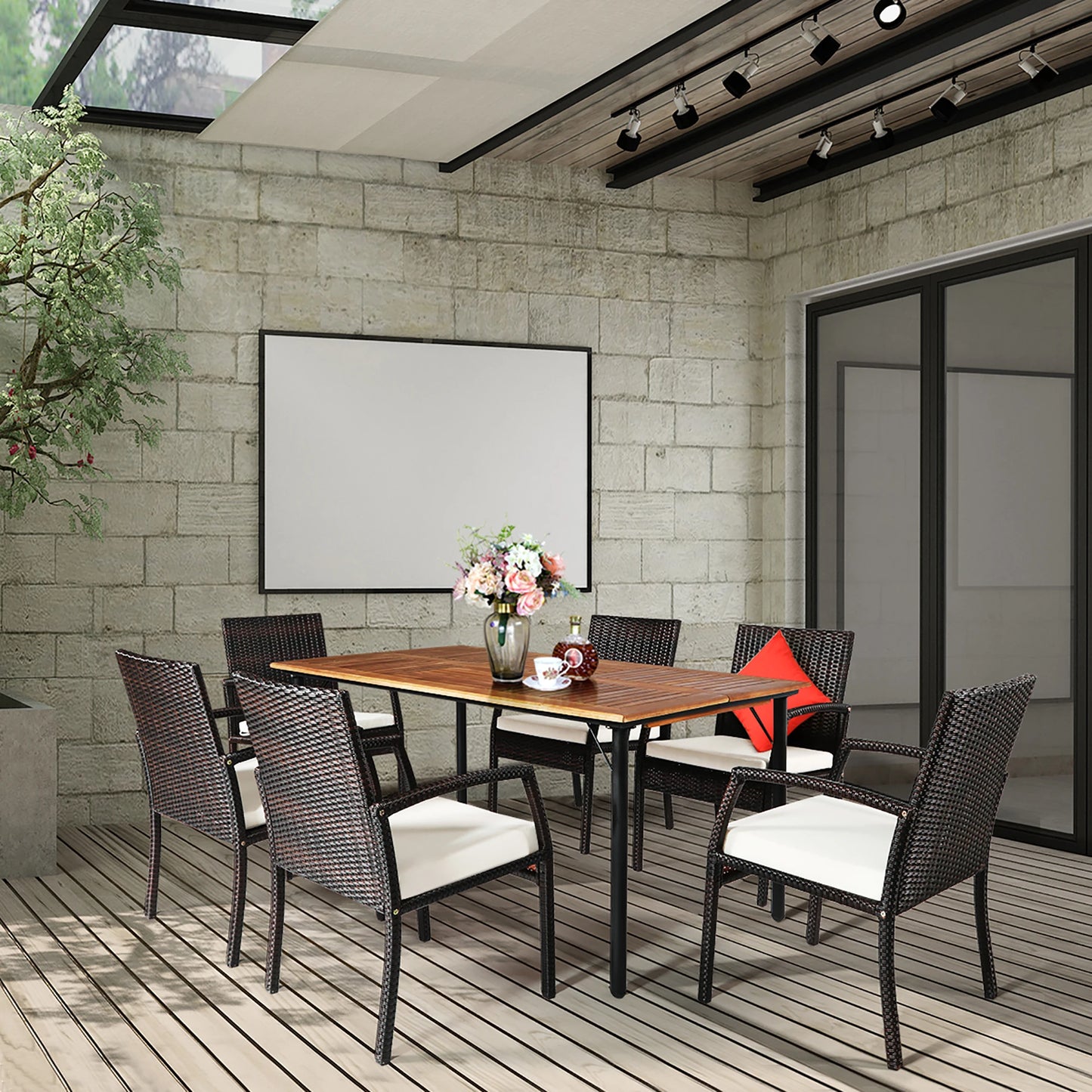 7PCS Patio Rattan Dining Set Chair Wooden Table Top W/Umbrella Hole