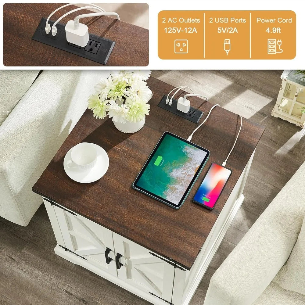 XIAOLANG Farmhouse End Table With Charging Station Set Of 2