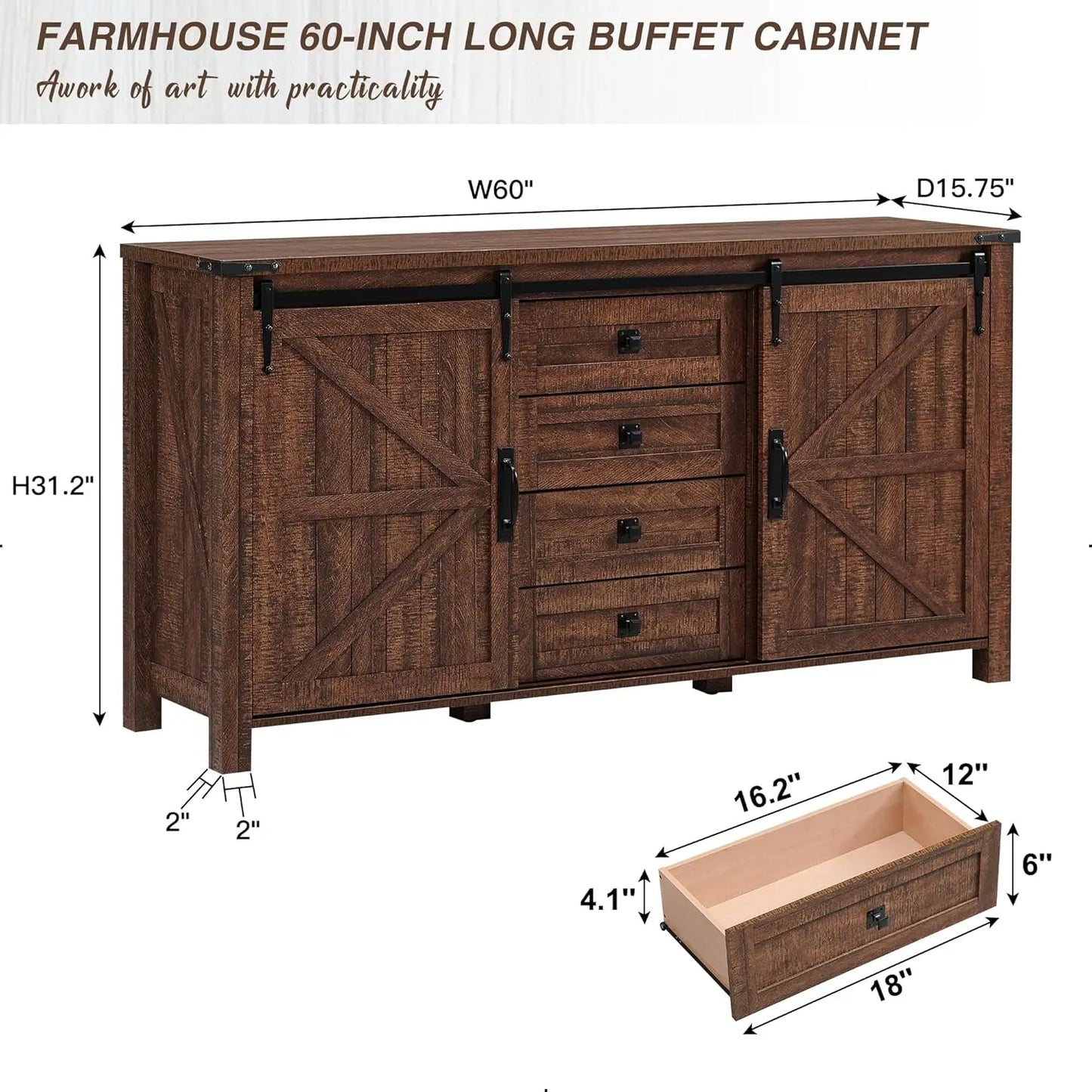 Rustic Wood Kitchen Cabinet With Sliding Barn Doors And Drawers