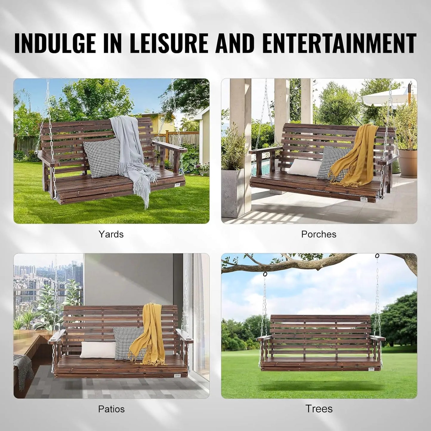Outdoor Wooden Porch Swing Heavy Duty 880lb Capacity