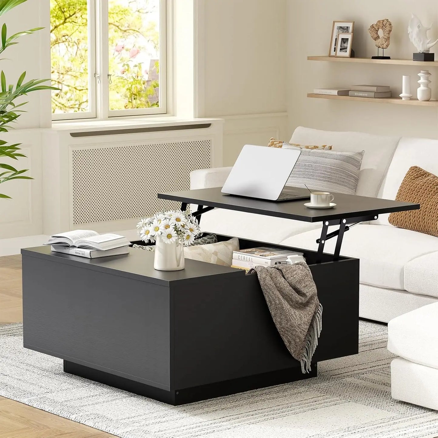 Lift Top Farmhouse Wood Coffee Table With Hidden Storage