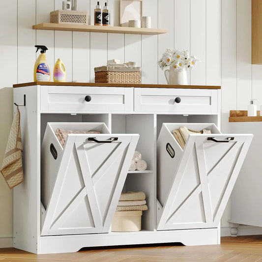 Double Tilt Out Laundry Hamper Cabinet, 23 Gallon Farmhouse Trash Can Cabinet with 2 Drawers and Open Shelving, Customized