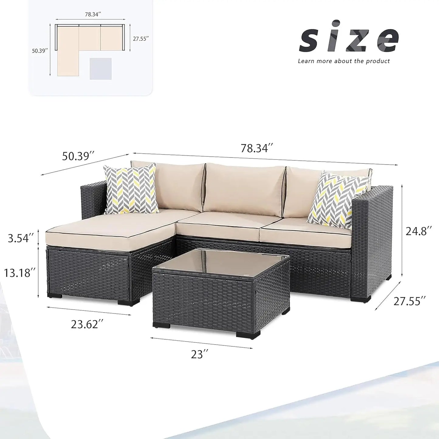 3-Piece Outdoor Sectional Furniture Set, All-Weather Rattan Couch with Washable Cushions and Glass Coffee Table