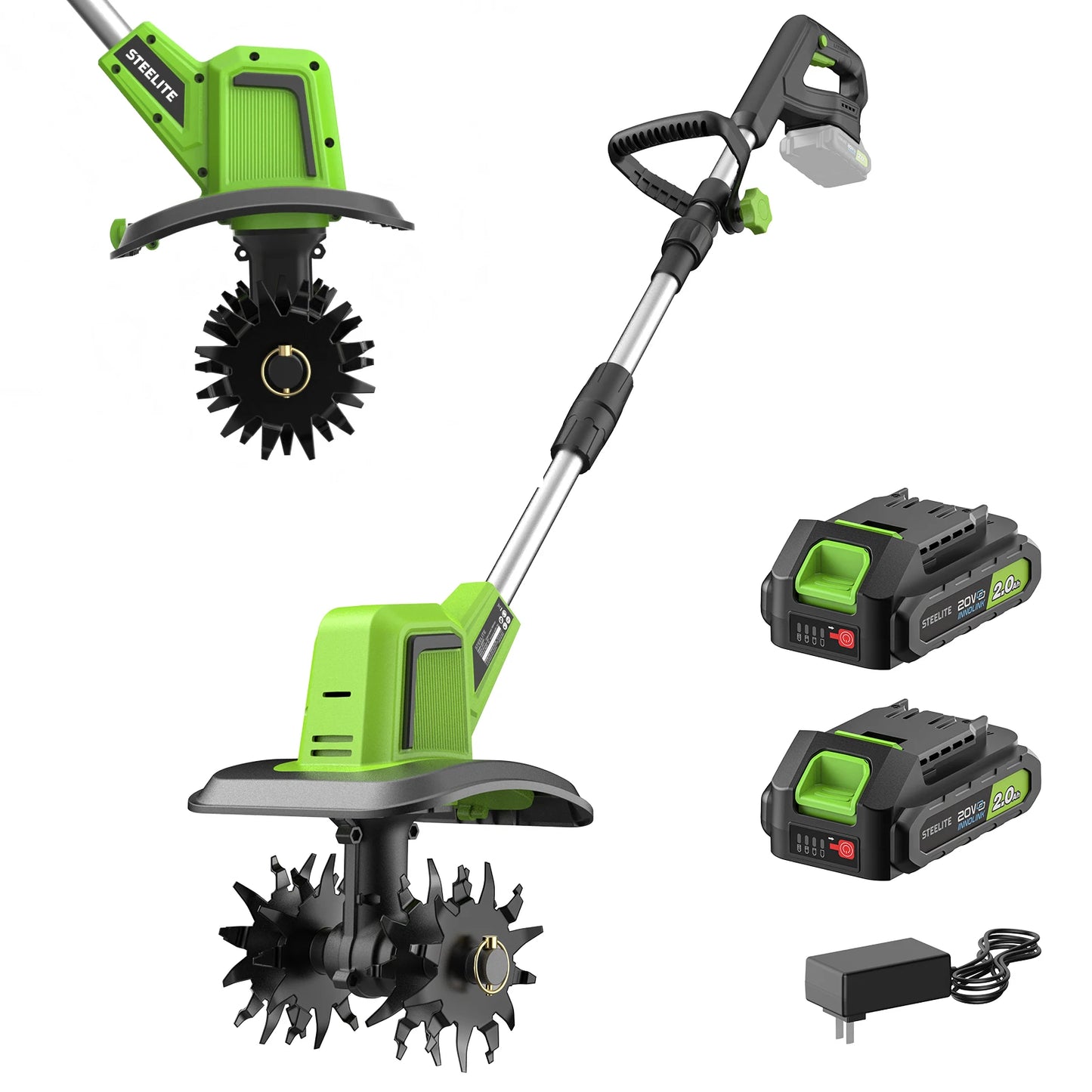 Deli Steelite 21V Cordless Tiller, 9-Inch Electric Garden Cultivator with Battery & Charger, Lightweight