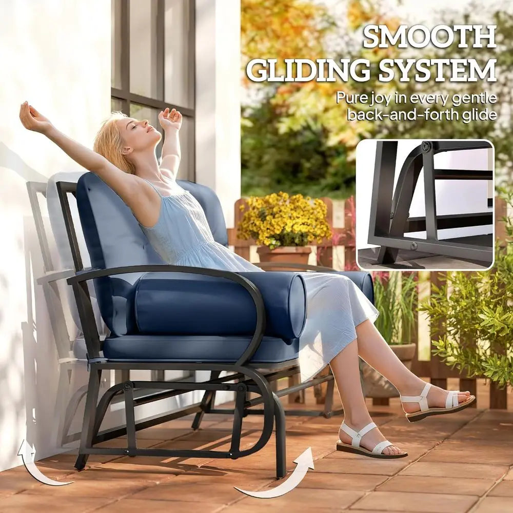 Blue Steel Frame Double Patio Swing Glider Bench, 2 Person Loveseat with Cushions and Pillowed Armrests