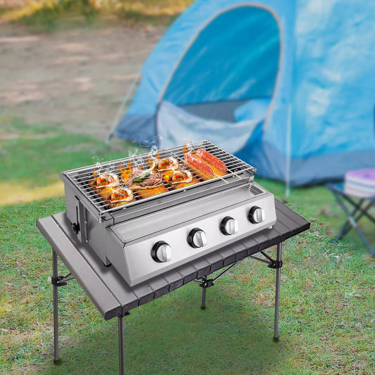 4 Burners Smokeless Gas BBQ Grill, Outdoor Cooking,  Height Adjustable, With Stainless Steel Griddle Healthy & Easy to Clean