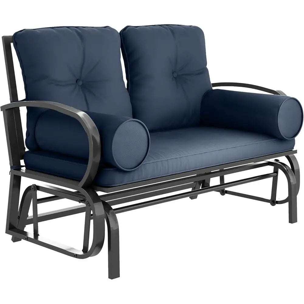 Blue Steel Frame Double Patio Swing Glider Bench, 2 Person Loveseat with Cushions and Pillowed Armrests