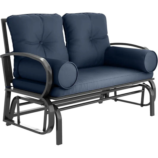 Blue Steel Frame Double Patio Swing Glider Bench, 2 Person Loveseat with Cushions and Pillowed Armrests