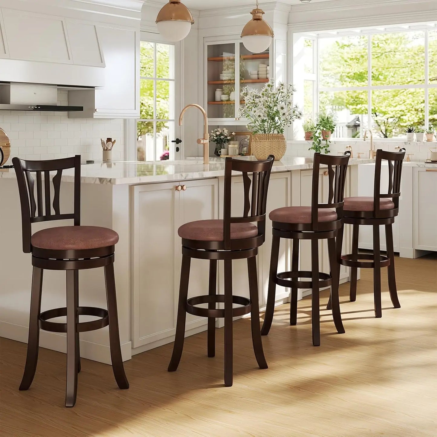 Rubberwood Swivel Bar Stools With Backrest And Faux Leather Seats