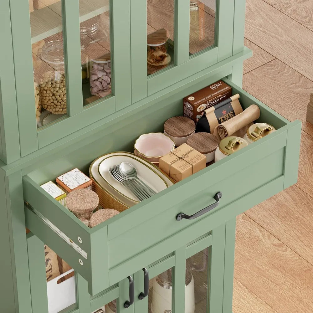 Freestanding Kitchen Pantry Cabinet With Glass Doors And Drawer