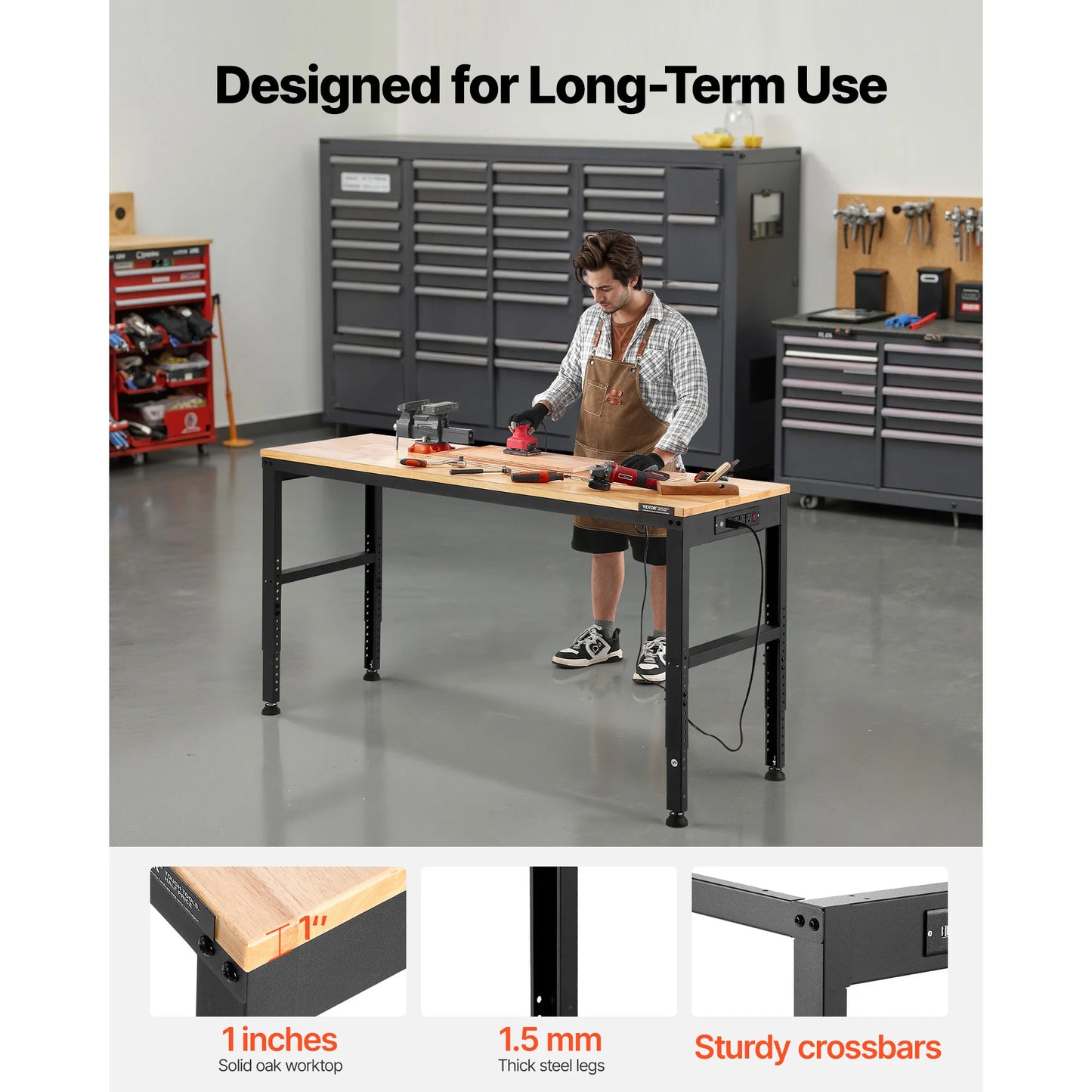 SucceBuy Multi Adjustable Workbench Woodworking Hardwood Work Bench with Power Outlets Foot Pads for Workshop Office Home Use