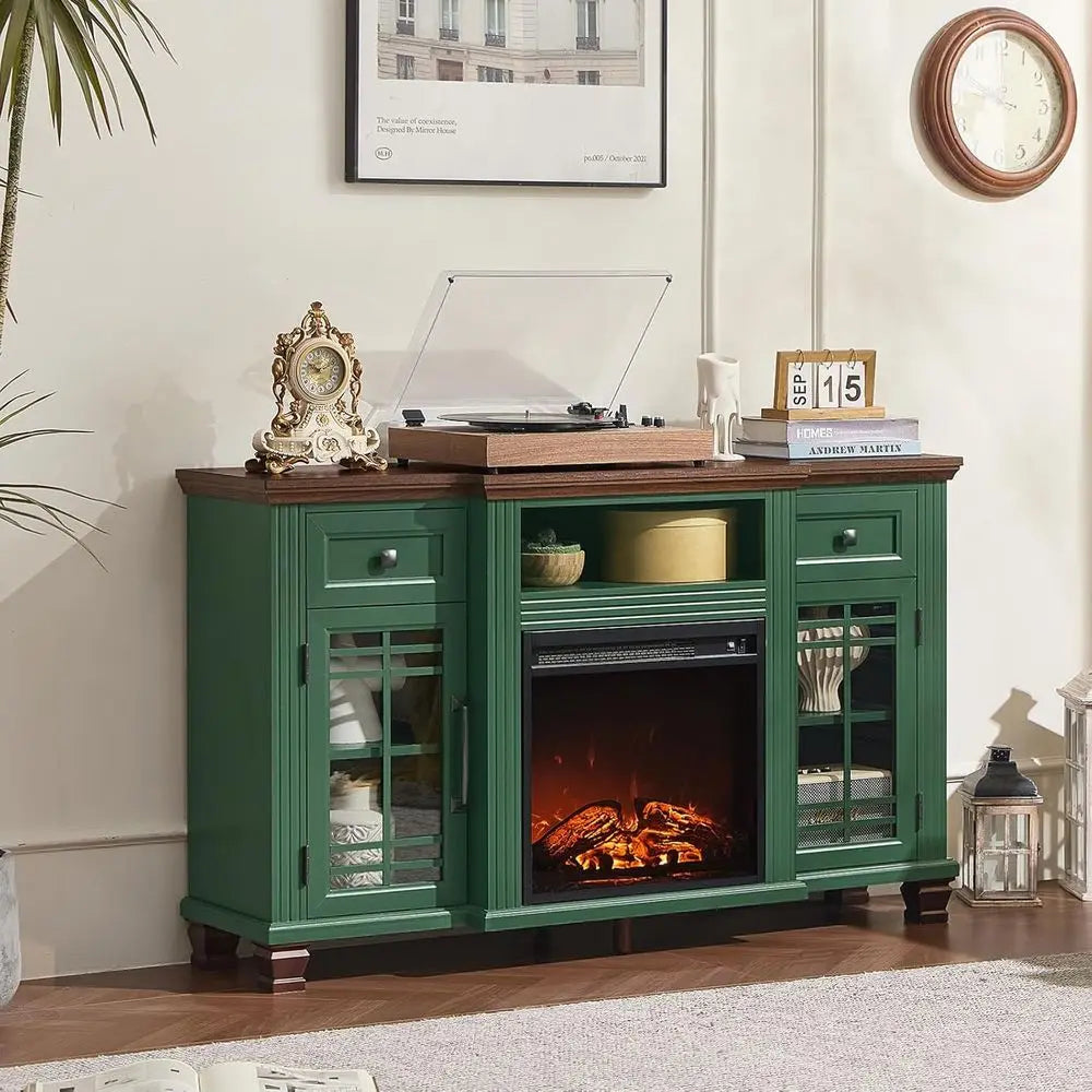 52" Fireplace TV Stand with 18”Silent Electric Fireplace, Farmhouse Entertainment Center for TVs up to 65", 2 Drawers TV Console