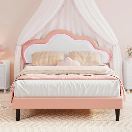 LED Light Upholstered Bed Frame With Adjustable PU Leather Headboard