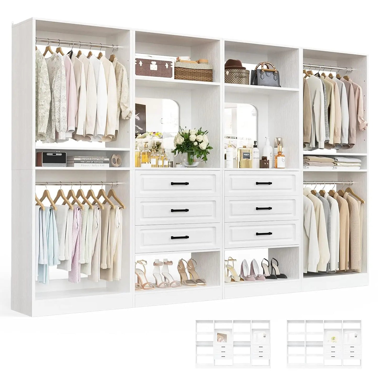 100" Wood Closet Organizer System with Drawers Mirror Adjustable Shelves Hanging Rods Freestanding Walk-in Wardrobe, Customized